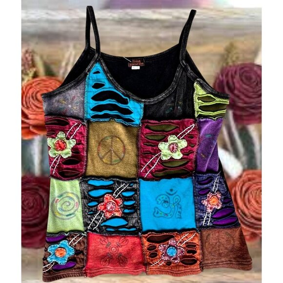 Vintage Rising International Sleeveless Top Large Distressed Boho Hippie Peace - Picture 1 of 12